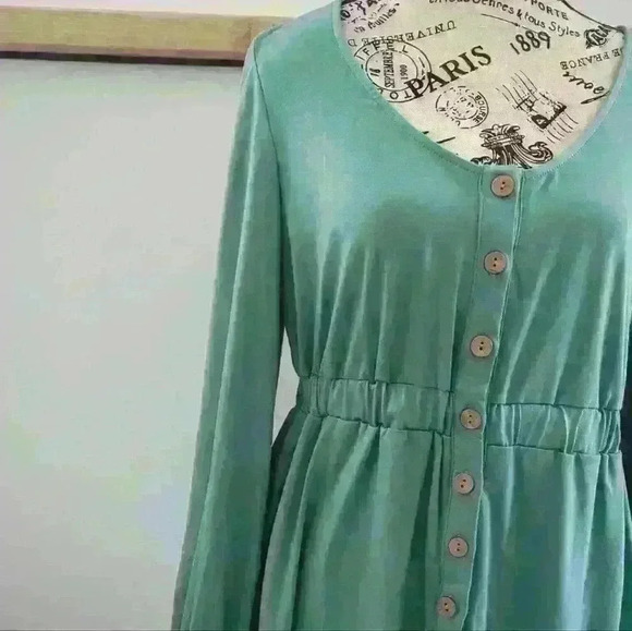 AMAZON  | Women's Bluish/Green Button Down Long Sleeved V-Neck Mini Dress - Picture 2 of 3